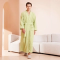 Men's light green plush bathrobe with white piping detail and belted waist design - Yellow Green - Men