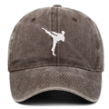 Detail of white kung fu embroidery on brown washed cotton vintage baseball cap - Adjustable / Coffee