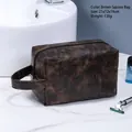 Brown PU leather travel toiletry bag for men with side handle, 21x12x14cm size - Brown Square Bag