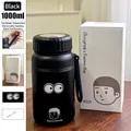 Black 1000ml stainless steel thermos with tea infuser and cute character decor - 1000ml / Black (With Eye Stickers & Cup Brush)