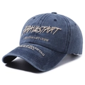 Casquette de baseball rétro en denim lavé bleu marine avec broderies marron devant - Bleu marine
