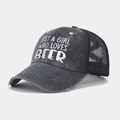 Detailed view of the distressed grey trucker hat with JUST A GIRL WHO LOVES BEER embroidery - Dark Gray with Black Mesh, Beer Girl Embroidery (Color #12)