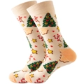 Détail de chaussettes beiges de Noël avec motifs sapins et bonshommes de pain d'épices - Taille 39-45 / Jaune Clair Arbre de Noël