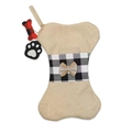 Linen bone-shaped Christmas stocking with black and white plaid bow for pet gifts - Natural Burlap Bone Style