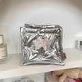 Silver quilted square organizer box with butterfly embroidery and pink ribbon bow detail - Small Bow Silver