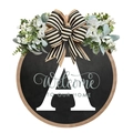 Letter A farmhouse door sign with wood round base, striped bow and greenery decor - Small / Letter A