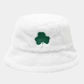 Close-up of green clover embroidery on soft white plush bucket hat with fluffy texture - M(56-58cm) / White