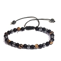 Bracelet ajustable en oeil de tigre et agate noire avec cordon tressé noir - 6mm Œil de Tigre Tressé
