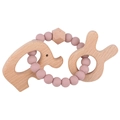 Pink silicone beaded teething bracelet with elephant and rabbit beech wood charms - Dusty Rose