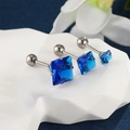Tres tamaños de pendientes cuadrados de circonita azul con cierre de tornillo de acero - Pequeño (aprox. 0,5 cm) / Plata (Piedra Azul)