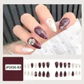 Deep burgundy and cream almond press-on nails with floral patterns and rhinestones - Glue Type / JP2936-B3 Rhinestone Cultural Charm