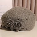 Detail of wool beret with grey mesh veil, hand-crafted fabric roses and faux pearls - M (56-58cm) Adjustable / Marl Grey