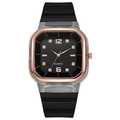 Women's square quartz watch with black dial, rose gold frame and black silicone strap - Black