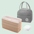 Three-layer 900ml khaki lunch box set with panda thermal bag and sauce container - Triple Layer Set-Beige (Box+Bag+Sauce Cup)