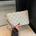 Beige canvas clutch with green floral print and brown leather wrist strap - Green Floral / Green