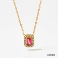 Elegante collar dorado con colgante rectangular de gema rosa y cristales blancos - Estilo de gema rosa rectangular dorada (KDD472)