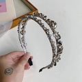 Dual-layer silver crystal and pearl headband with elegant gray hand-woven gemstones - Double Layer Full Diamond Style / Gray