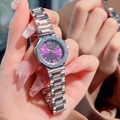 Women's octagonal steel watch featuring purple sunray dial and silver metal strap - Silver Case Purple Dial