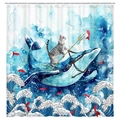 Polyester shower curtain with creative cat riding a whale surfing wave pattern - Cat Riding Whale M2319