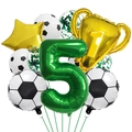 Soccer theme 5th birthday balloon set with green number 5, golden trophy and footballs - Soccer Set Number 5