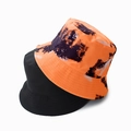 Detail view of black and orange tie-dye bucket hats with street style pattern - Orange and Black Tie-Dye