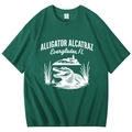 Forest green cotton T-shirt with white alligator print and round neck collar - Dark Green
