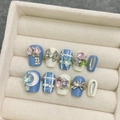 Handmade Klein blue and white press-on nails with 3D floral and bow decorations - Extra Small (XS) / 1701 Short Coffin Style