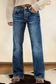 Detail van vintage high-waisted wide-leg jeans met donkere wassing en cat-whisker vervaging - S / Donkerblauw