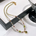 Tiger eye beaded necklace with freshwater pearls and square green stone pendant - Green Zircon Pearl Necklace XL0675