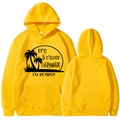 Yellow 'It's 5 O'clock Everywhere I'm Retired' hoodie with tropical sunset graphic - Yellow