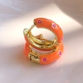 Classic gold hoop earrings with vibrant orange enamel and pink floral patterns - Orange