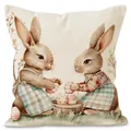 Linen Easter pillow cover featuring bunny illustration and colorful eggs decor - Two Rabbits Interaction