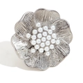 Elegant floral ring in silver finish with clustered white pearls and textured petals - Faux Pearl Flower (Steel)