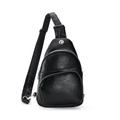 Adjustable black litchi grain leather chest bag with silver zippers and earphone hole - Black