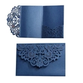Navy blue laser-cut lace wedding invitation cards and envelopes with intricate hollow design - Magic Blue