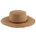 Flacher khakifarbener Strohhut mit braunem Lederband und ausgefranster Krempe für Damen - M (56-58cm) / Khaki