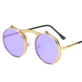 Steampunk round sunglasses with gold metal flip-up frames and purple tinted lenses - Gold Frame Ocean Purple (C17)