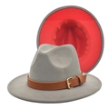 Detail of gray wool fedora hat with vibrant red interior and brown leather belt buckle - M (56-58cm) / Light Grey and Red