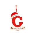Detail of red glitter letter G Christmas ornament with a festive Santa hat and banner - Letter G