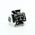 Men's titanium steel iron cross mask ring with red ruby eyes and skull detail - US 7 / Steel
