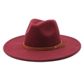 Detail of burgundy wool fedora hat featuring brown faux leather band with metal stud - M (56-58cm) / Burgundy