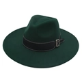 Detail of dark green wool felt fedora with black leather band and silver buckle - Dark Green Heart (Black Wide Leather)