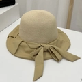 Cappello di paglia da sole con fiocco per donna, tesa larga perfetto per spiaggia estiva - S(54-56cm) / Cachi (Cappello di paglia con fiocco patchwork 29)