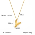 Detailed size measurement of golden bubble letter Y pendant with dimensions and chain length - Letter Y (HC-N40051-Y)