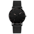 Detail view of the black metal mesh strap and rose gold markers on this quartz watch - Black Band Black Case Black Dial Rose Gold Indices