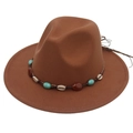 Detail of brown felt fedora with turquoise beads, shells and woven tassel trim - M (56-58cm) / Khaki