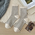 Off-white and black striped wool blend crew socks with a ribbed cuff and warm texture - One Size / Beige