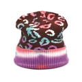 Detailed close-up of leopard pattern knit beanie with pink ribbed cuff and vibrant tie-dye colors - M(54-58cm) / Dark Brown and Multicolor Leopard