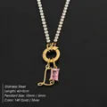 Stainless steel DIY letter L necklace with pink crystal pendant in 14K gold finish - L