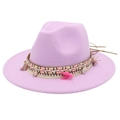 Detail of bohemian lavender felt hat with ethnic woven band, pink tassels and shell accents - Taro Purple